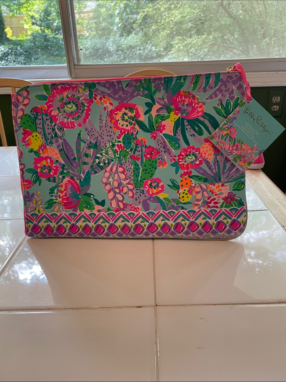 Lilly Pulitzer Mint Floral Zip Cosmetic Pouch with Pink Accents